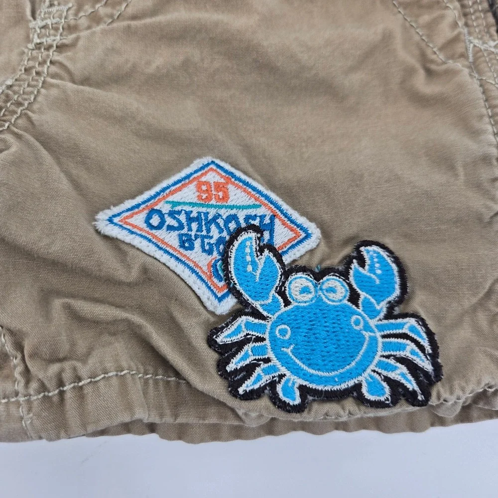 OshKosh B'gosh Baby Boy 6M Khaki Canvas Shortalls Blue Crab Patch GUC